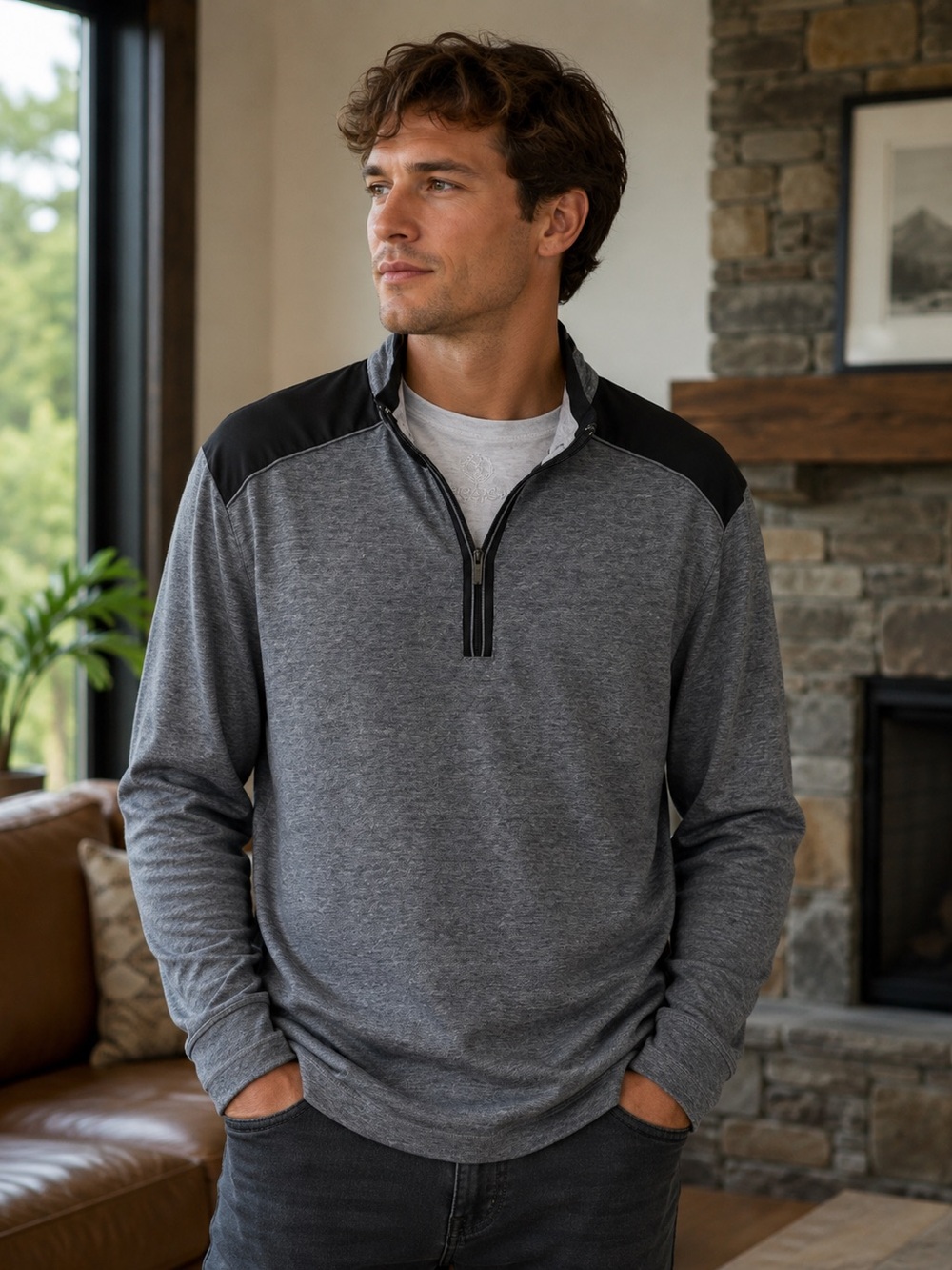 Bugatchi Uomo Quarter-Zip Pullover – Men’s Gray Performance Top Large - Picture 2 of 9